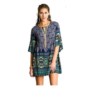 Umgee Size XL Mixed Paisley Print Babydoll Mini Dress Blue Boho Casual